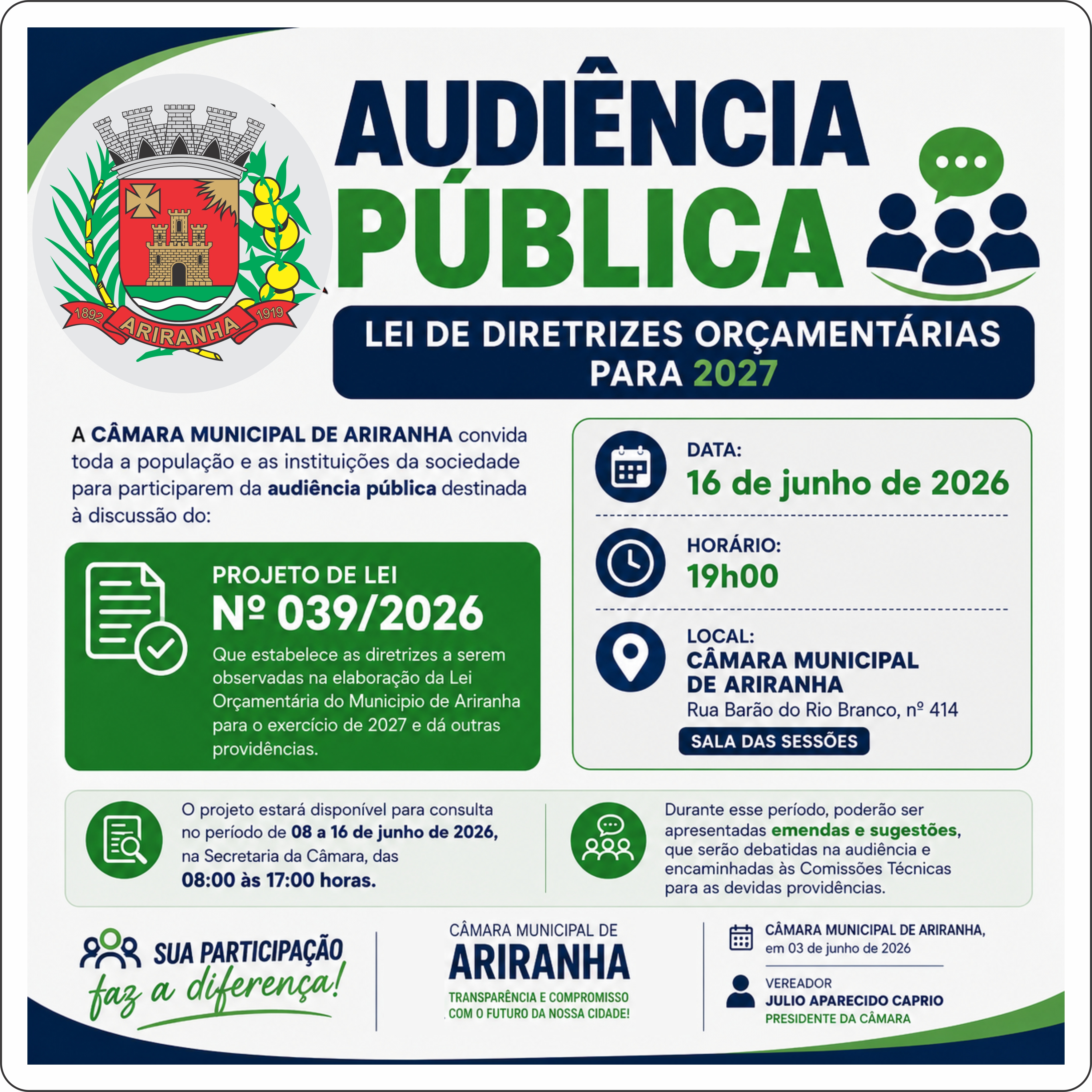 Ariranha define diretrizes do orçamento 2027 em audiência pública