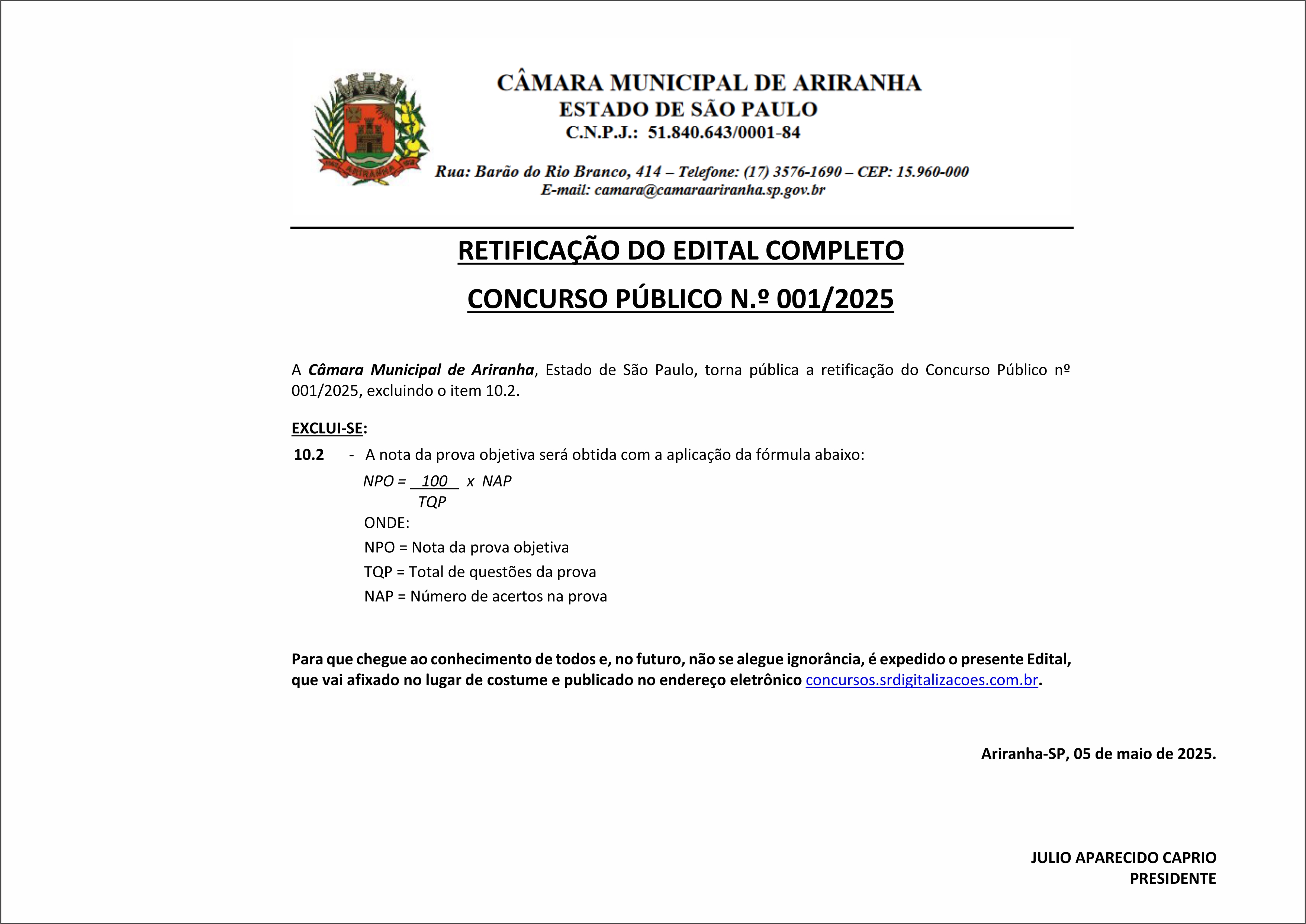 Edital do concurso da Câmara de Ariranha é retificado