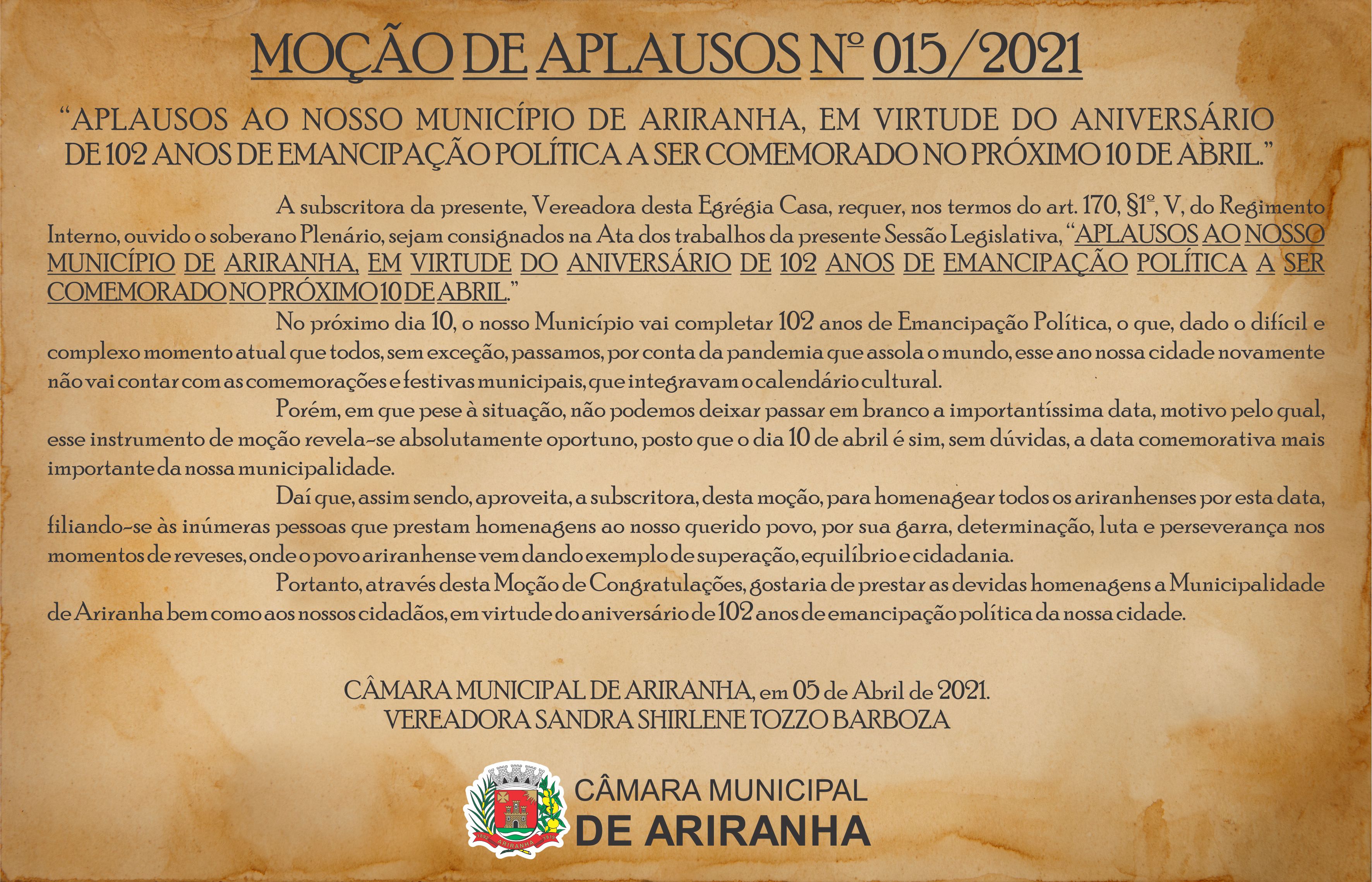 MOÇÃO DE APLAUSOS Nº 015/2021